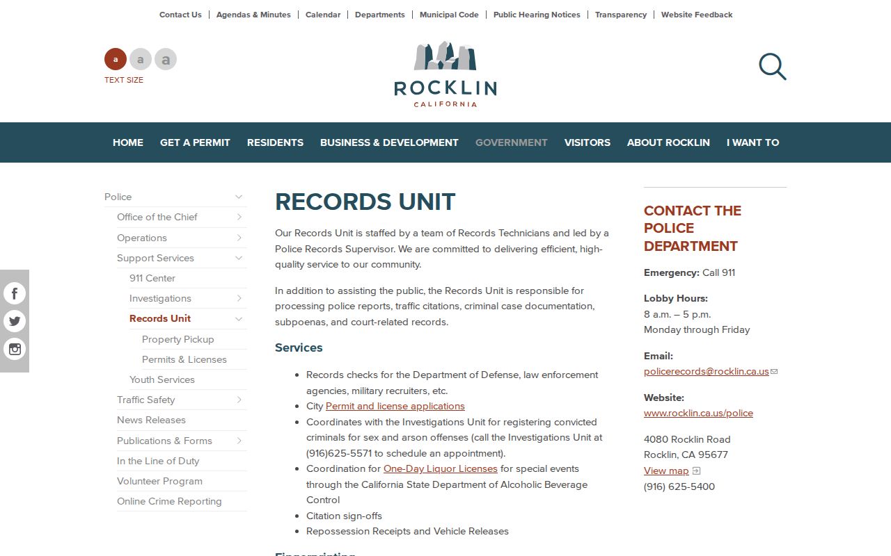 Rocklin criminal history Police Records Unit contacts