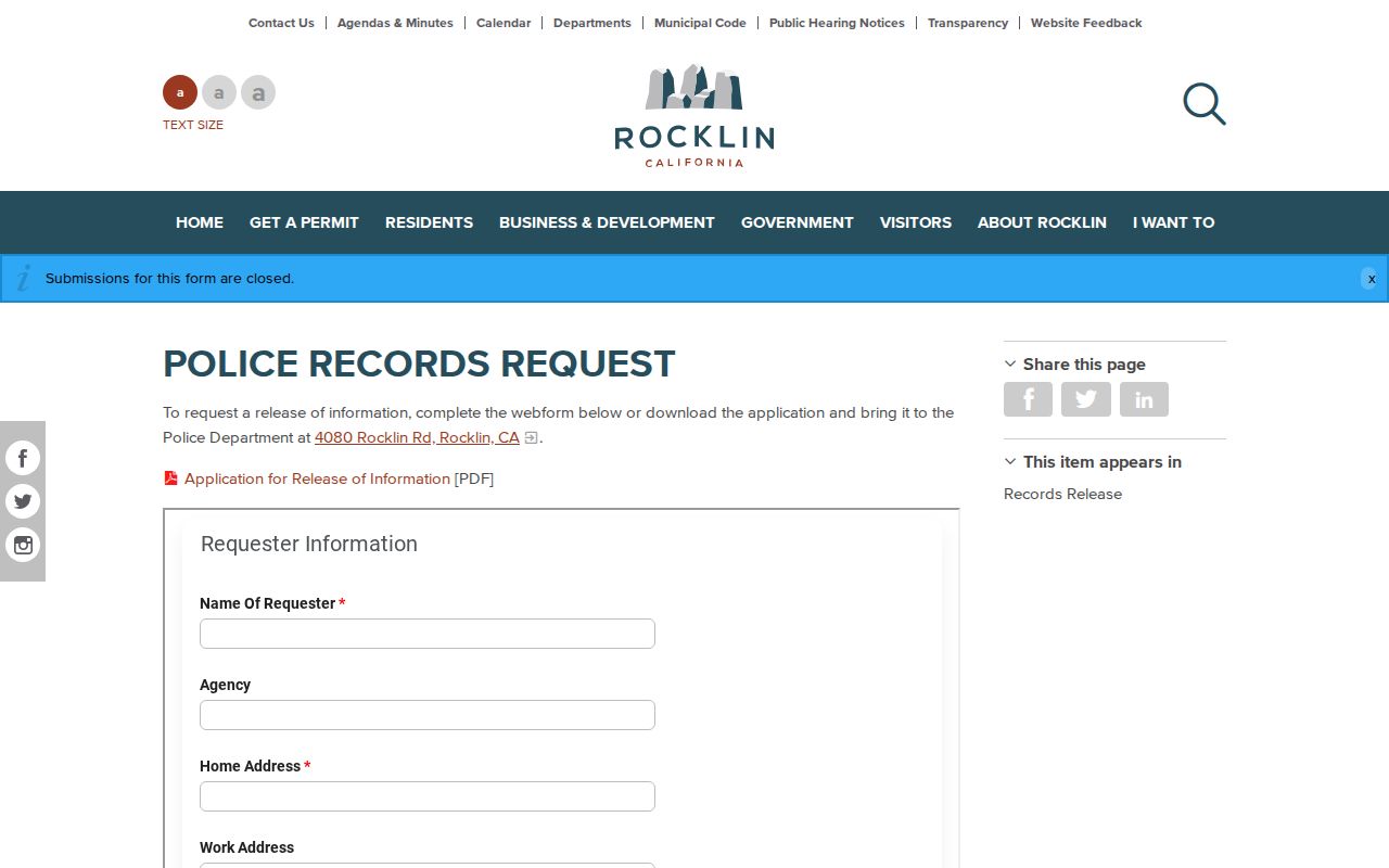 Rocklin criminal records request webform and release application