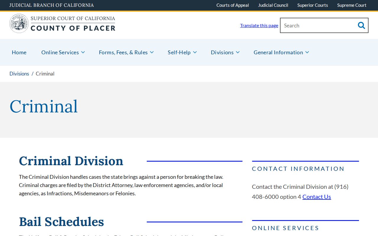 Placer County criminal court case Criminal Division page