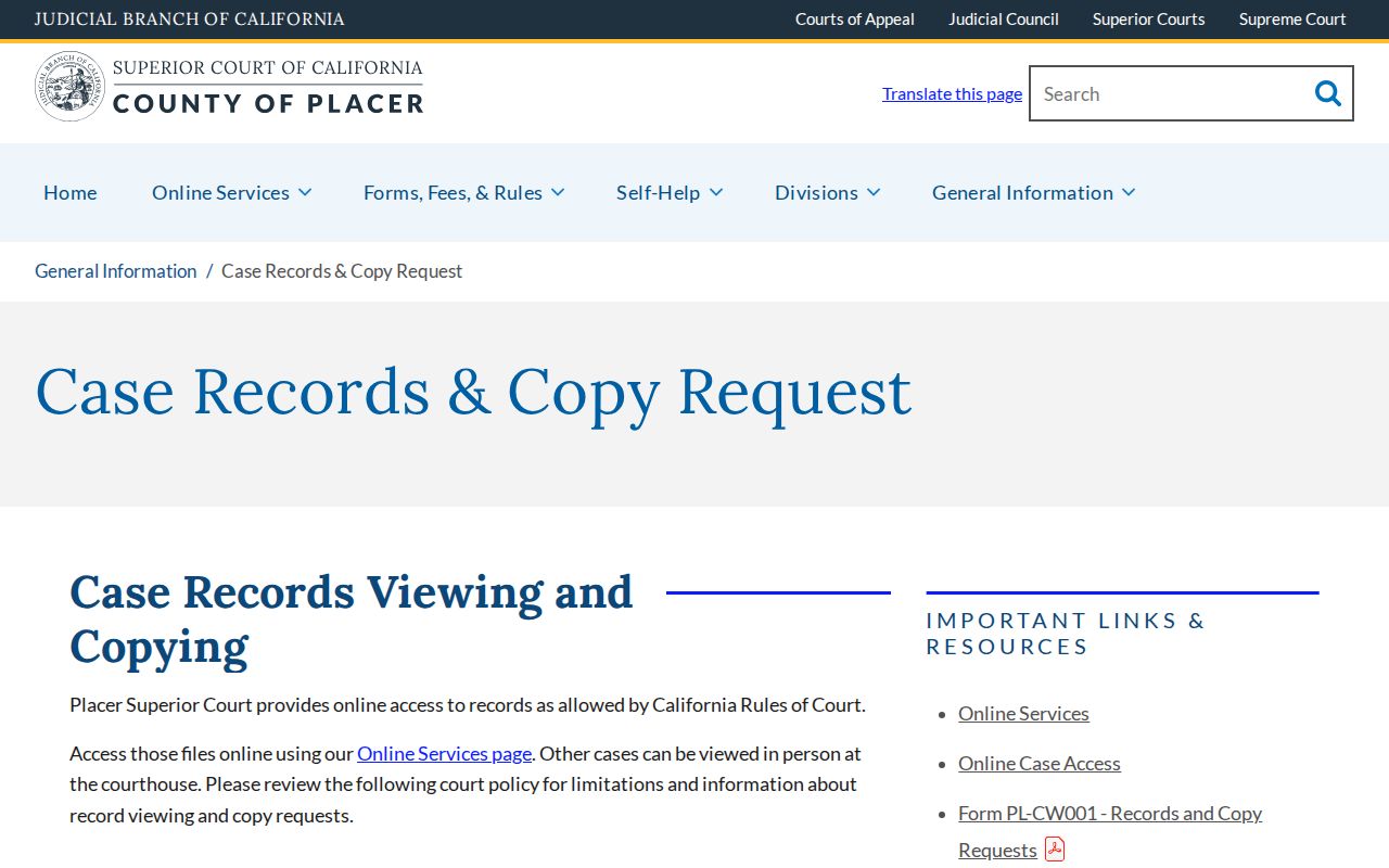 Placer County criminal court case copy request instructions