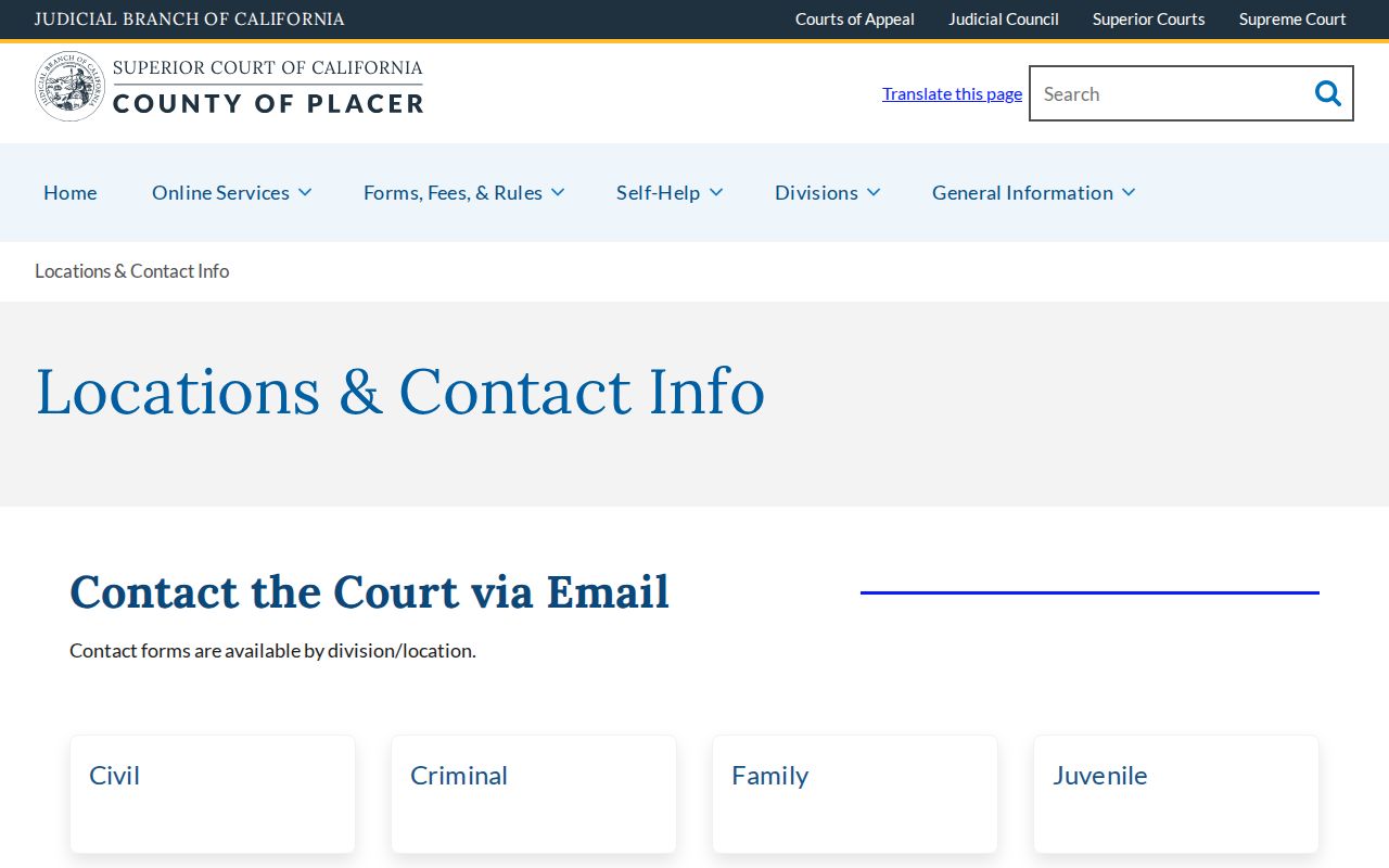 Placer County criminal court case court locations page