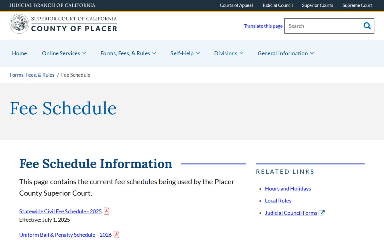 Placer County criminal court case fee schedule page