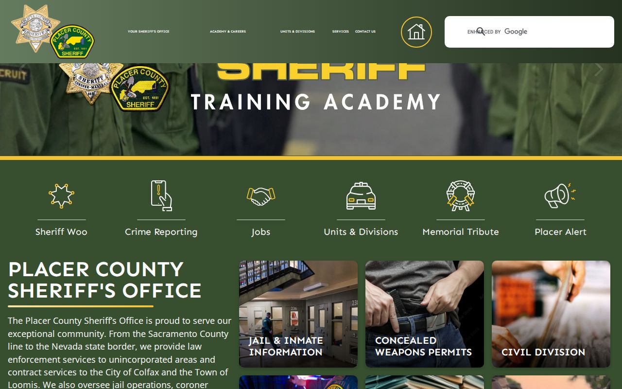 Placer County Sheriff homepage with arrest and jail record links