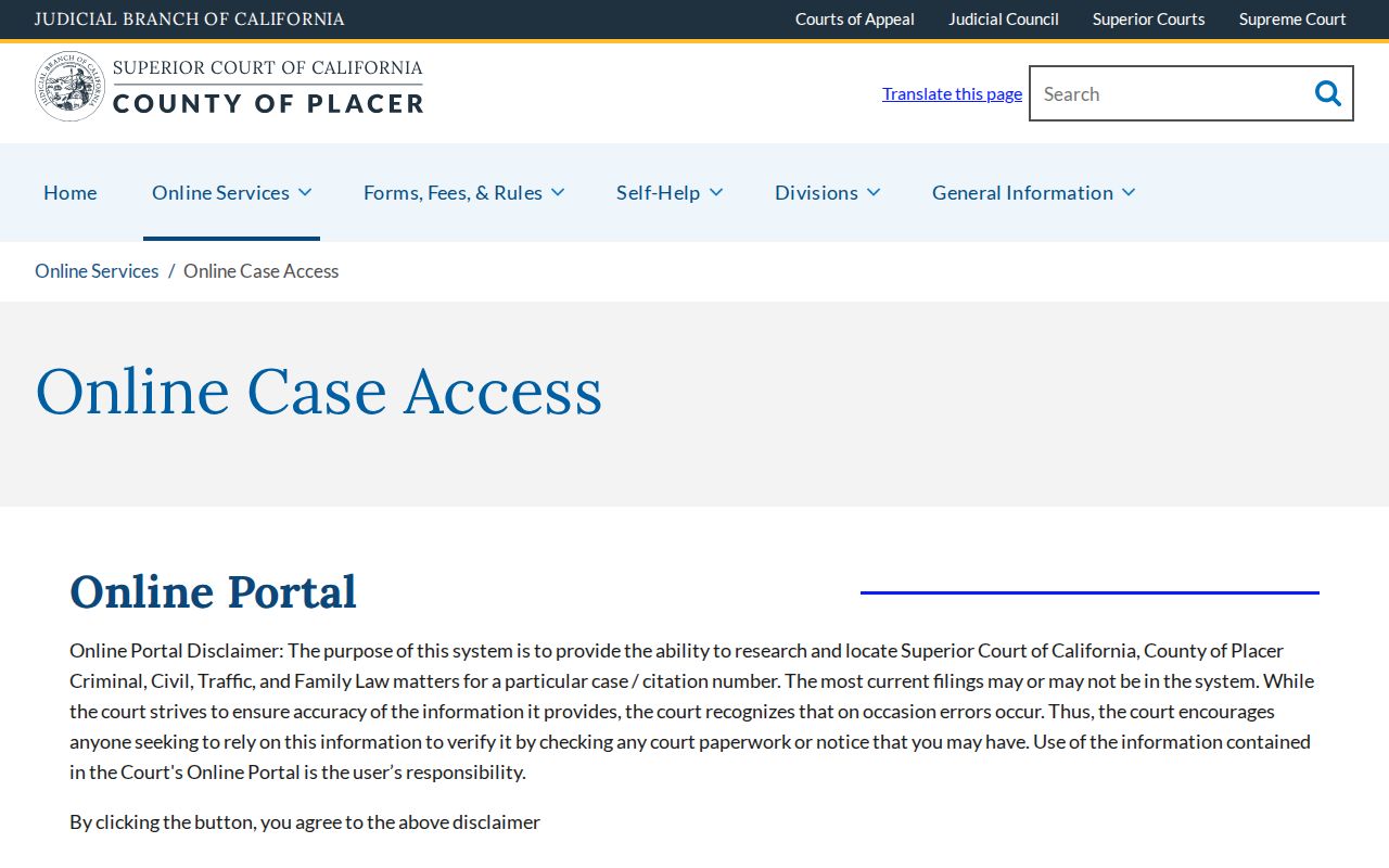 Placer Superior Court online case access page