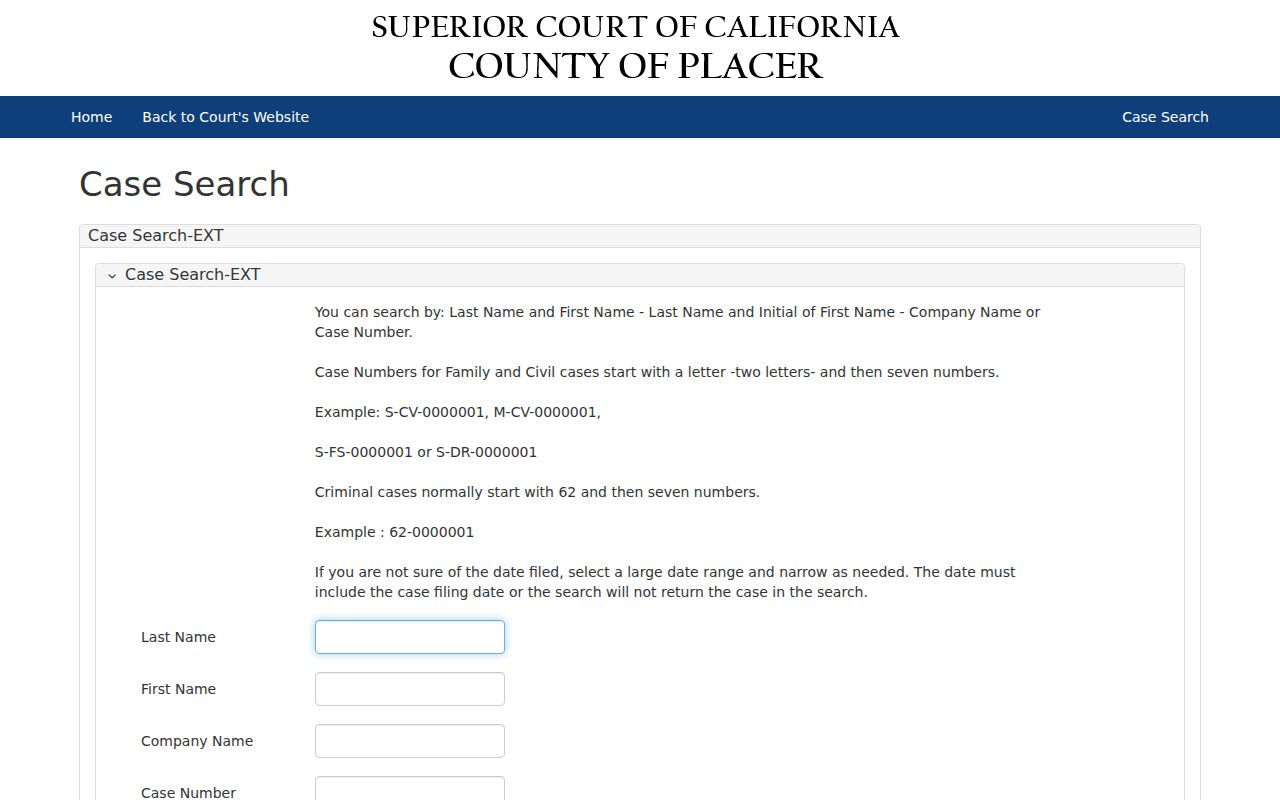 Placer eCourt Public criminal case search form