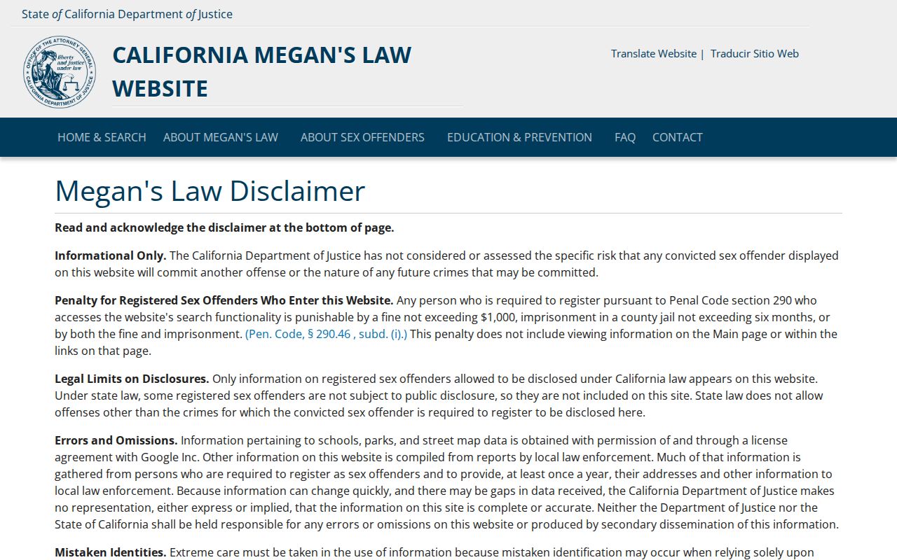 California Megan's Law Website search entry