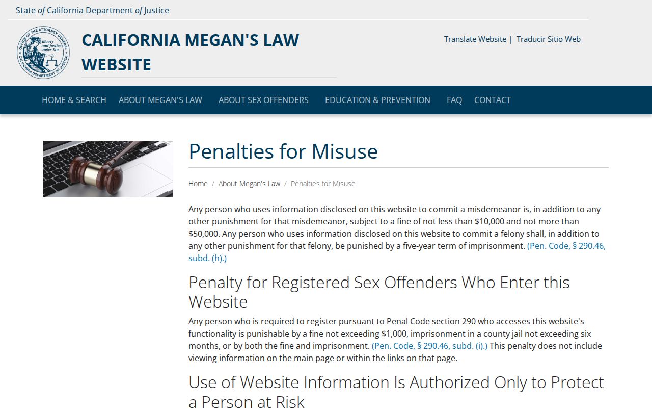 California Megan's Law lawful-use restrictions and misuse penalties