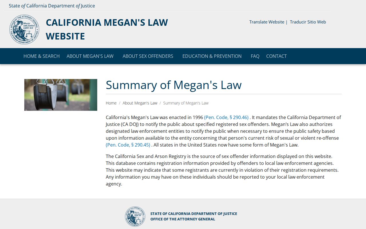 California DOJ Megan's Law summary identifying the state registry data source